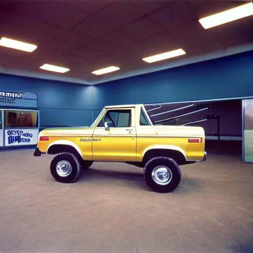 Image similar to 1979 Bronco Mercury Colony Park, inside of an auto dealership, ektachrome photograph, volumetric lighting, f8 aperture, cinematic Eastman 5384 film