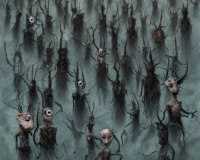 Image similar to a surreal painting of many bizarre otherworldly creatures standing in a small eerie village, by anton semenov and android jones