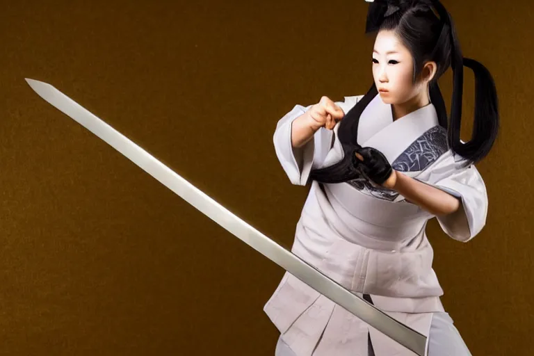 Image similar to beautiful photo of a young modern geisha samurai warrior practising the sword, mid action swing, beautiful eyes, shining silver katana sword, award winning photo, muted pastels, action photography, 1 / 1 2 5 shutter speed, dramatic lighting