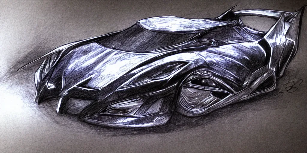 Image similar to ballpoint pen drawing of the batmobile, batman, arkham knight