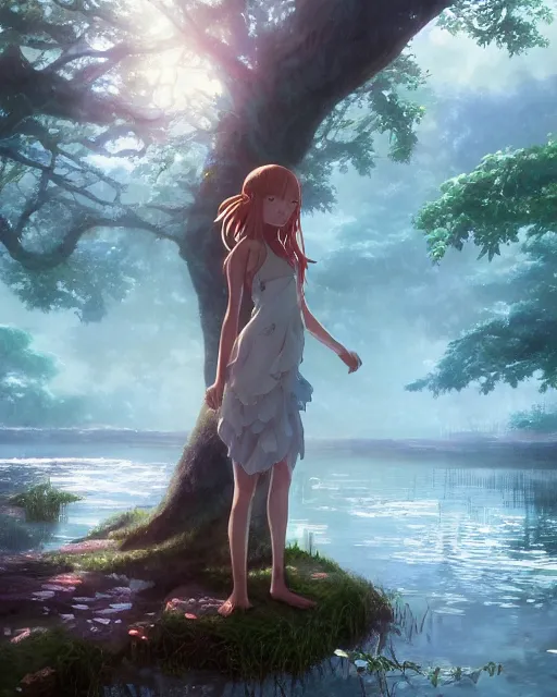 Prompt: a female water spirit in a river, trees, shady atmospheric, magical, made of water, ripples, Narnia. By Makoto Shinkai, Stanley Artgerm Lau, WLOP, Rossdraws, James Jean, Andrei Riabovitchev, Marc Simonetti, krenz cushart, Sakimichan, trending on ArtStation, digital art.