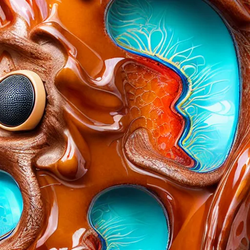 Image similar to Harman Kardon Speaker inspired by Art nouveau , fungi, fractal roots, honey, glaze, orange with teal details, designed by Antoni Gaudí, Sigma 85mm f/8 1/1000 sec shutter, high detail, Sotheby\'s