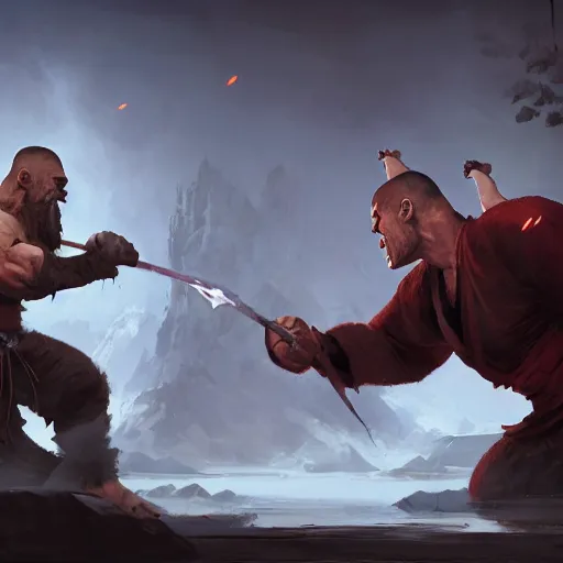 Image similar to monk fighting an orc, martial arts, 8k, sharp high quality artwork in style of Jose Daniel Cabrera Pena and Greg Rutkowski, concept art by Tooth Wu, blizzard warcraft artwork