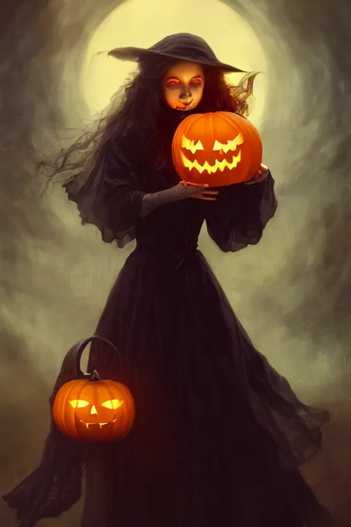 Image similar to portrait of a ghoulish victorian witch holding a jack - o - lantern, halloween night, charlie bowater, artgerm, ilya kuvshinov, krenz cushart, ruan jia, realism, ultra detailed, 8 k resolution