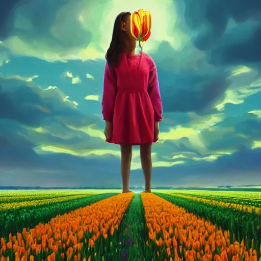 Prompt: large tulip face, girl standing in a flower field, surreal photography, sunrise dramatic light, impressionist painting, colorful clouds, digital painting, artstation, simon stalenhag