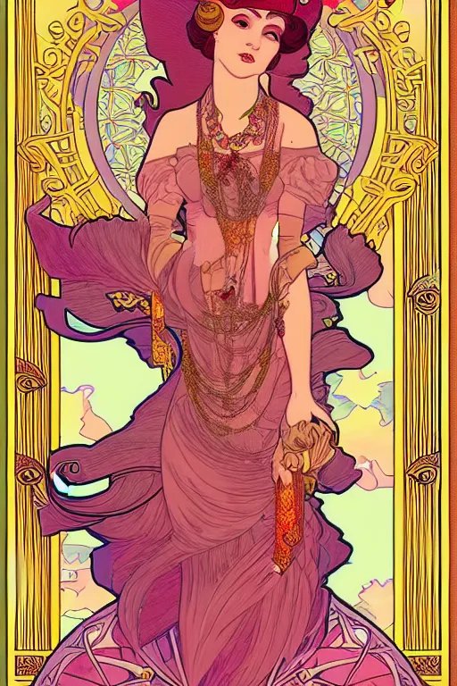 Image similar to full length portrait of princess peach art nouveau, tarot card by mucha, gaudy colors, sharp edges, octane render, intricate linework.