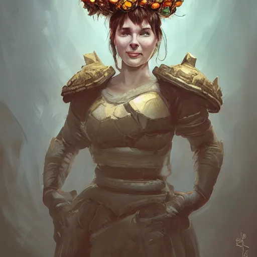 Image similar to doomguy as an attractive young smiling woman wearing a mushroom crown and heavy armoured wedding dress, face portrait, hd shot, digital portrait, beautiful, fantasy art, artstation, comic style, by artgerm, guy denning, jakub rozalski, magali villeneuve and charlie bowater