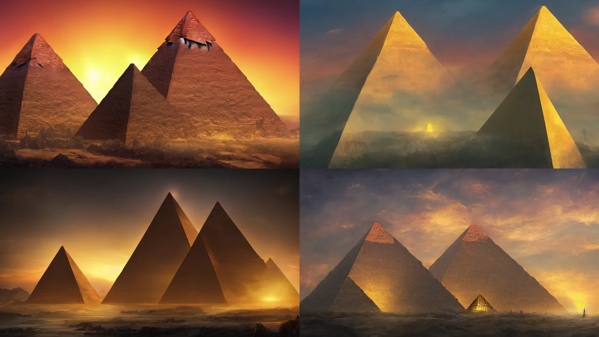 Prompt: Trending on artstation, beautiful pyramid with golden tip illuminated by the sunset, detailed matte painting