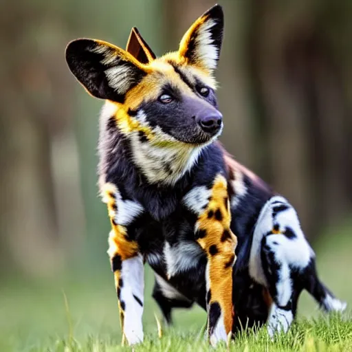 Image similar to Look at this african painted dog with his huge radar ears- positively fluffsome all around and no doubt prone to rambunctiousness. I suspect he is to be engaged in mischief soon.