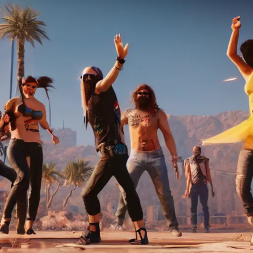 Prompt: Dancing hippies in the desert. Cyberpunk 2077. CP2077. 3840 x 2160