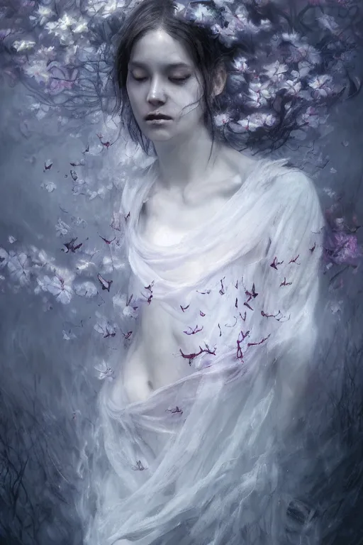 Prompt: a beautiful terrifying ghost spirit sad female full body portrait black eyes twisted dead trees, floating cloth whirlpool, butterfly, blooming flowers wrapped, hardlighting ethereal horror fantasy swarm art by and raymond swanland and monet, ruan jia, by wlop, 4 k hd artstation concept art greyscale