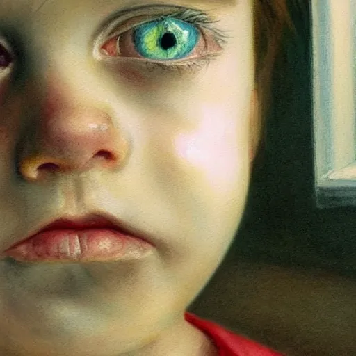 Image similar to close up of a bautiful girl with big silver eyes, watercolor by gottfried helnwein, by hammershøi, art noveau, highly detailed, lights by edward hopper, liminal, eerie, bright pastel colors