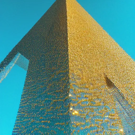 Image similar to a river of gold snaking up a crystal tower, teal sky