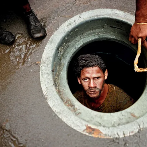 Image similar to close up portrait of a man pulling up a large fish from a manhole in a new york street, photograph, natural light, sharp, detailed face, magazine, press, photo, steve mccurry, david lazar, canon, nikon, focus