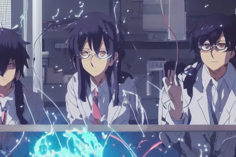 Image similar to anime still of reckless!!! whimsical! trippy scientists in a lab inventing, presentation, scattered tables overloaded with doomsday devices and beakers and test tubes, by makoto shinkai yoshinari yoh ilya kuvshinov