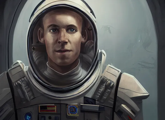 Image similar to symmetrical!!! portrait of christian!! mormon astronaut, grim lighting, dieselpunk, concept art, artstation, stephen bliss, unreal engine, game screenshot