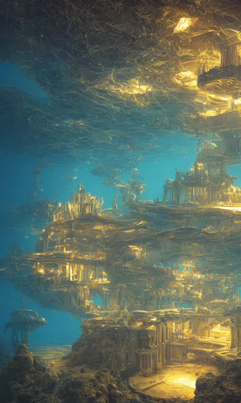 Prompt: a fantastic atlantis palace with golden decorate under the sea, light effect, tyndall effect, fishes, by mike winkelmann, high - definition picture, trending on artstation, blue green color water