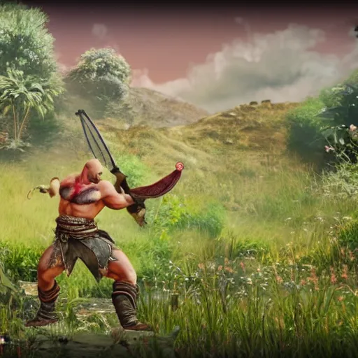 Image similar to kratos in flowers hill, screenshot