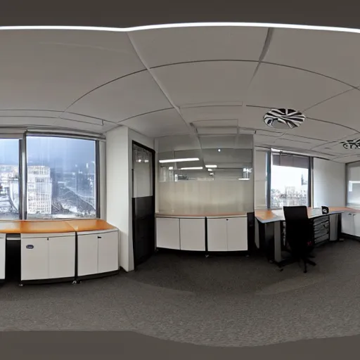 Prompt: “An equirectangular panorama photo of an office room with industrial lighting” W 1920