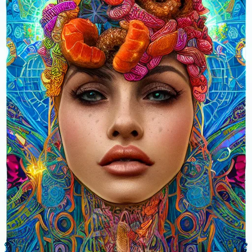 Prompt: the face of a ridiculously beautiful and pretty arab woman partially made of onion rings of all colors looking down, an ultrafine detailed illustration by james jean, final fantasy, intricate linework, bright colors, behance contest winner, vanitas, angular, altermodern, unreal engine 5 highly rendered, global illumination, radiant light, detailed and intricate environment