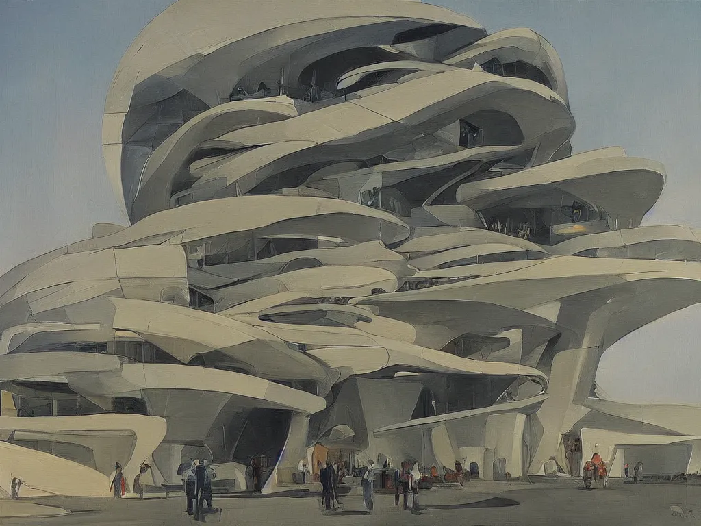 Prompt: a epic painting of a niemeyer and zaha hadid building, by brian despain, harriet backer