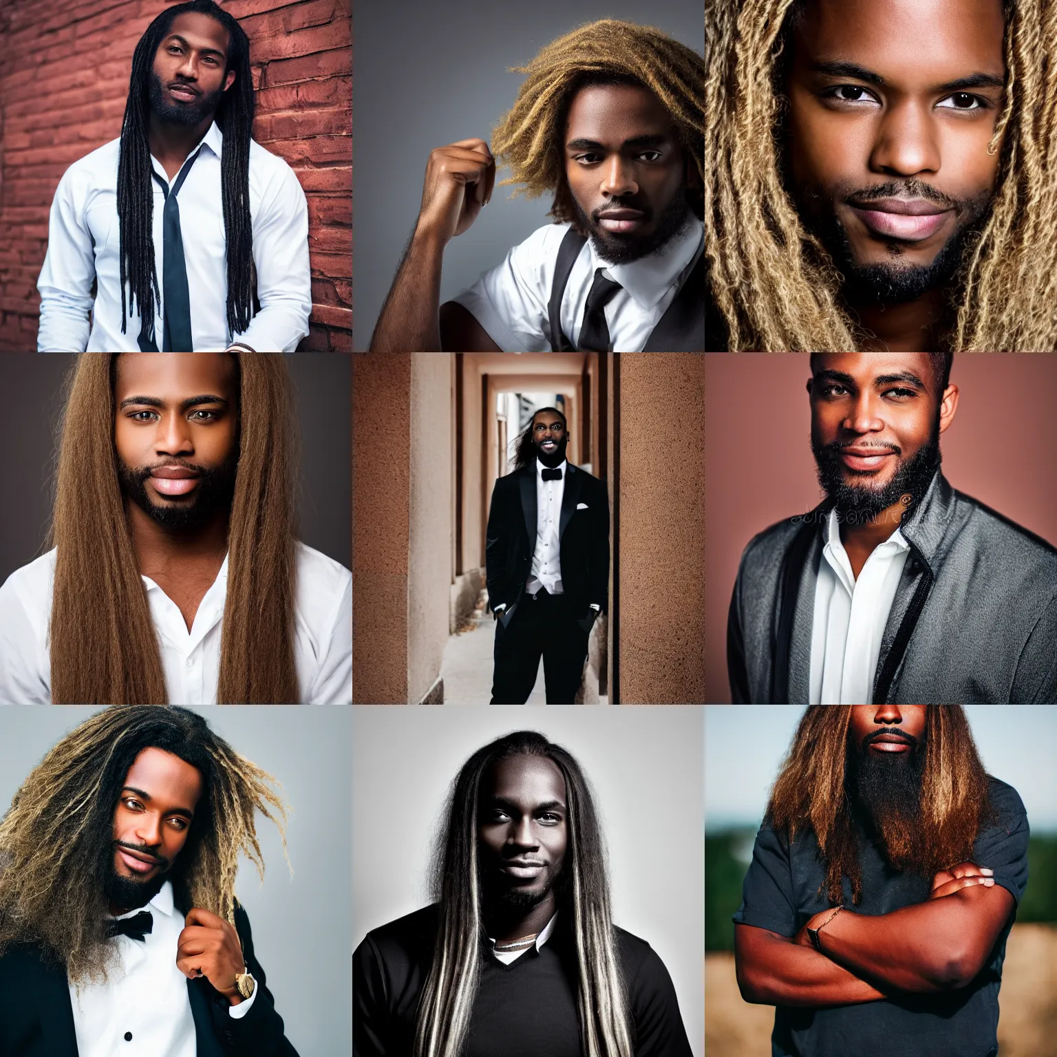 Prompt: handsome black man with long blond hair, professional photography canon