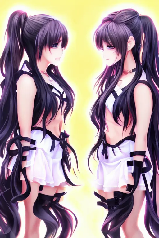 Image similar to two beautiful female idols with twintails facing each other, dark background, detailed anime art