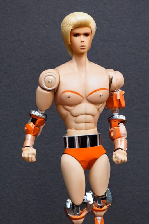 Prompt: a handsome robot bodybuilder with blonde hair who is also a male android, ken doll, muscular, wearing a cut-off white crop top and short light orange shorts stands by a swimming pool, shiny skin, robotic