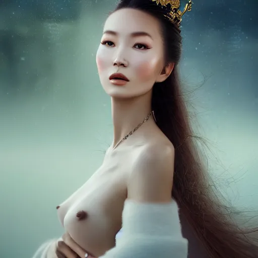 Image similar to beautiful elegant mongolian princess royalty portrait in a sensual pose, she is spreading her wings, face centered portrait, full face makeup, confident, fog, volumetric lighting, beautiful, golden hour, sharp focus, ultra detailed, conceptartworld by leesha hannigan, ross tran, thierry doizon, kai carpenter, ignacio fernandez rios