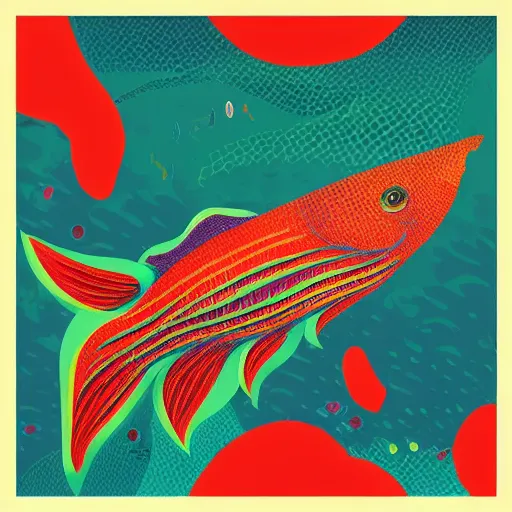 Prompt: one stylized fish with saturated colors in the very desaturated ocean viewed in profile, seaweed, background with complex patterns, sparkles, artstation, intricate, realistic, highly detailed, digital painting, concept art, sharp focus, illustration by tom whalen and charles williams and kilian eng and james jean