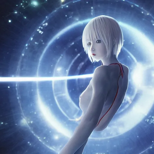 Image similar to HYPER REALISTIC VFX SIMULATION, This is a digital art piece by Yoshiyuki Sadamoto that is trending on artstation. It is a 8K UHD image of Rei Ayanami, a female anime character, inside a space station with technological rings. She is shot from the ground by Yoshiyuki Sadamoto. The environment is a concept design and the art is hyper realistic with intricate details.