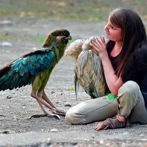 Prompt: A fallen harpy learning to live with her adoptive human family