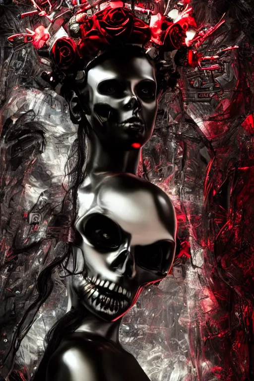 Prompt: full-body cyberpunk style sculpture of a young beautiful dark priestess, half android with a head opening exposing circuitry, glowing red eyes, black roses, flowing blood-red colored silk, fabric, candles, baroque elements. human skull. full-length view. baroque element, intricate artwork by Caravaggio. crows flying in background. Trending on artstation. octane render, cinematic lighting from the right, hyper realism, octane render, 8k, depth of field, 3D