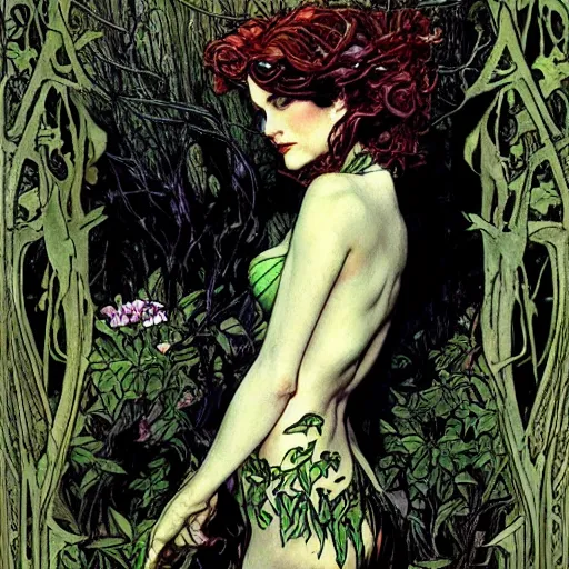 Image similar to a beautiful and detailed magic the gathering card of a seductive poison ivy as a dryad, fantasy, d & d, dark eyeliner, intricate, elegant, highly detailed, digital painting, artstation, concept art, matte, sharp focus, illustration, art by rebecca guay and by arthur rackham and by alphonse mucha and by john william waterhouse