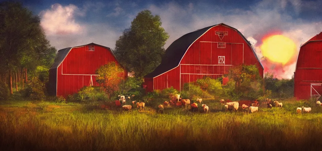 Prompt: full portrait of farm, a rave is in the forest behind the red barn, smoke, lights, night, colorful, happy, insanely detailed, photorealistic, cinematic, dramatic lighting,