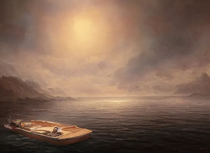 Prompt: a boat floating on top of a body of water, a detailed painting by nina tryggvadottir, cgsociety, fantasy art, detailed painting, nightmare, cosmic horror