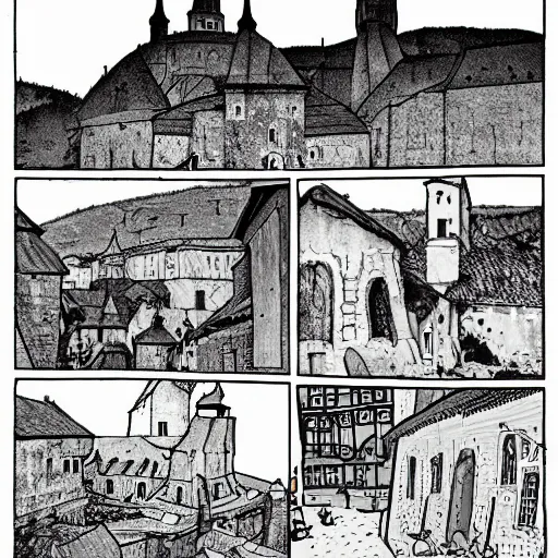 Image similar to mysterious town in medieval slovakia, comic art, black and white