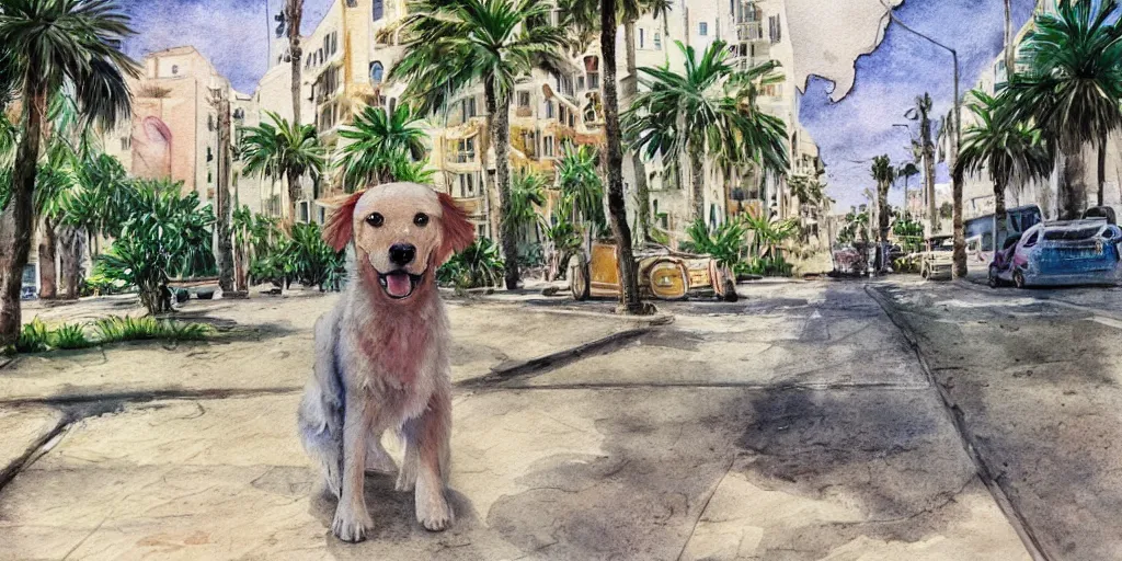 Image similar to photoreal golden retriever dog standing in tel aviv street looking at the camera. palm trees. optimistic. digital art. watercolor. highly detailed. drawing. art. colorful. fluffy