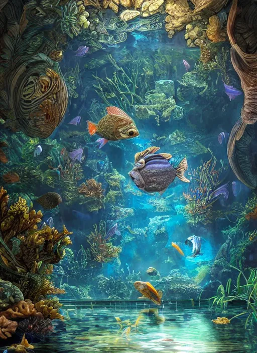 Prompt: people observing lots of beautiful fish in an underground aquarium corridor, in the style of john stephens, fantasy art, ray tracing, water droplets, highly detailed, artstation trend, highly detailed and intricate, sharp focus, photography, unreal engine 5