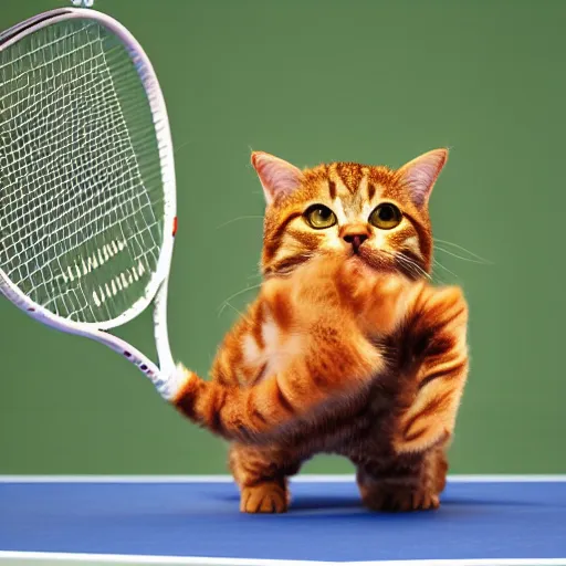 Prompt: Garfield cat playing tennis against a refrigerator