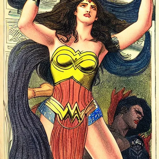 Image similar to wonder woman, art by dante gabriel rossetti, hyperdetailed