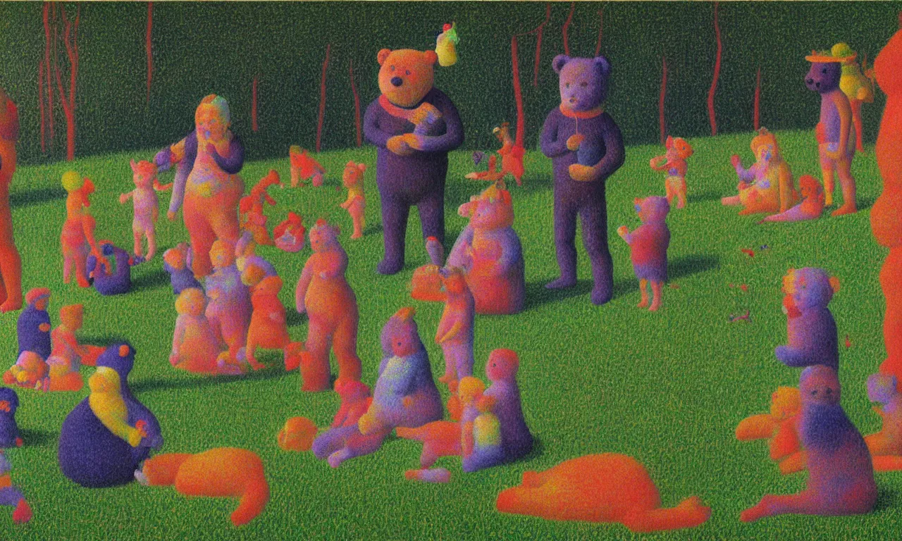 Prompt: a teddy bear birthday party, from the terrifying and incomprehensible beyond, body horror, by david hockney, seurat technicolor