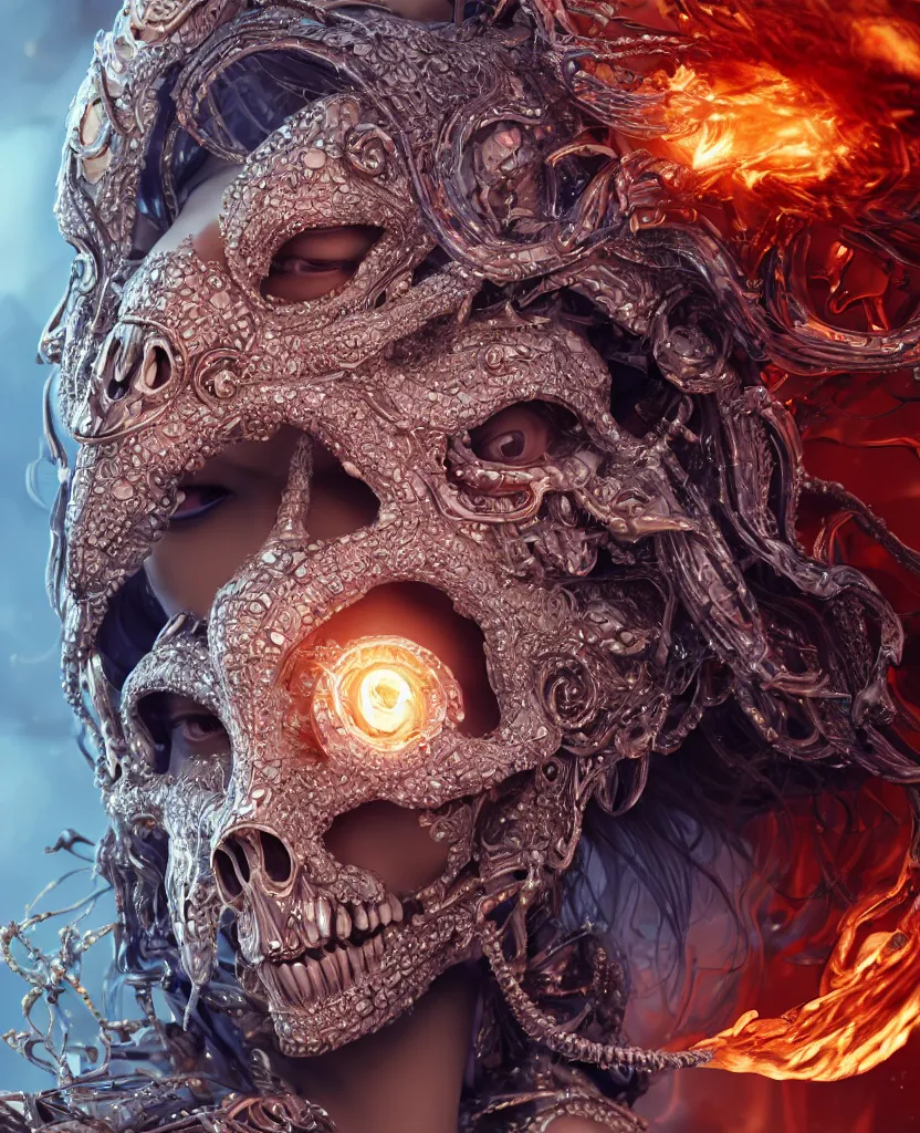 Image similar to close-up macro portrait of the face of a beautiful princess with animal skull mask, epic angle and pose, symmetrical artwork, 3d with depth of field, blurred background, cybernetic jellyfish female face skull phoenix bird, translucent, nautilus, energy flows of water and fire. a highly detailed epic cinematic concept art CG render. made in Maya, Blender and Photoshop, octane render, excellent composition, cinematic dystopian brutalist atmosphere, dynamic dramatic cinematic lighting, aesthetic, very inspirational, arthouse. y Greg Rutkowski, Ilya Kuvshinov, WLOP, Stanley Artgerm Lau, Ruan Jia and Fenghua Zhong