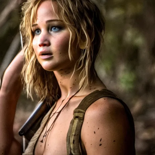 Prompt: first shot of jennifer lawrence in rambo remake, ( eos 5 ds r, iso 1 0 0, f / 8, 1 / 1 2 5, 8 4 mm, postprocessed, crisp face, facial features )