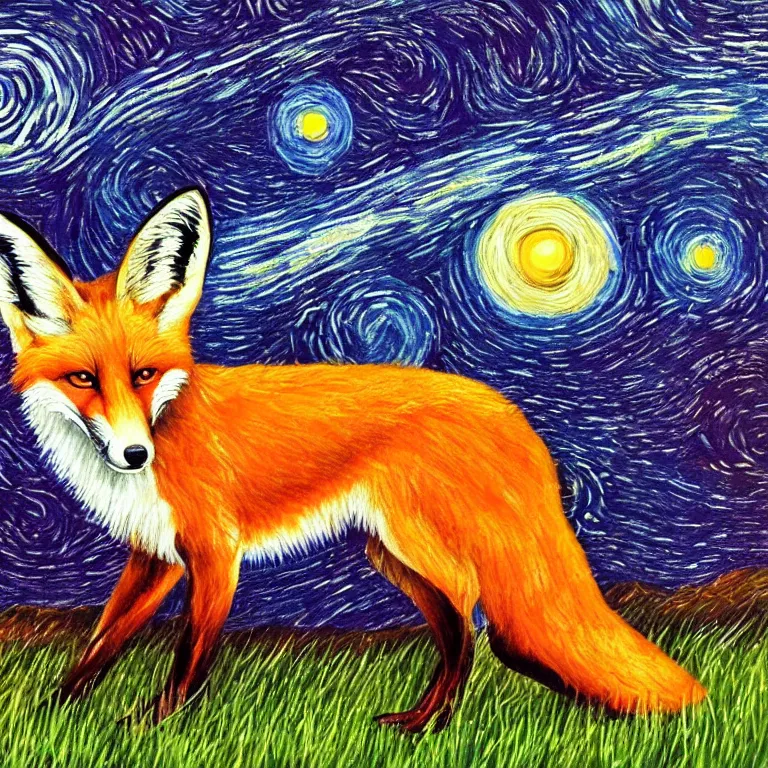 Image similar to a painting of a fox in the style of Starry Night, synthwave, highly detailed