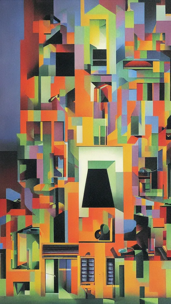 Image similar to a colorful painting of an electronic music studio by Rene Magritte