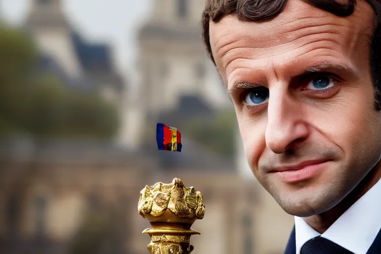 Image similar to closeup portrait of a tiny emmanuel macron dressed as napoleon standing on a desk, paris background, macro photo, bokeh, natural light, sharp, detailed face, magazine, press, steve mccurry, david lazar, canon, nikon, focus