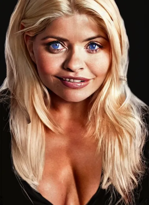 Prompt: holly Willoughby with the physique of a body builder, symmetrical facial features, hyper realistic, ultra detailed, cinematic, dynamic lighting, photorealistic, refined, intricate, digital art, digital painting, masterpiece, 8k