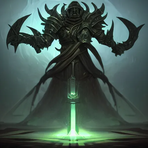 Image similar to The blade of the ruined king, digital illustration, futuristic statues, glow in the dark, ethereal, the void, ominous background, very detailed, stylized, concept art, trending on artstation, high definition, by Riot Games, League of legends