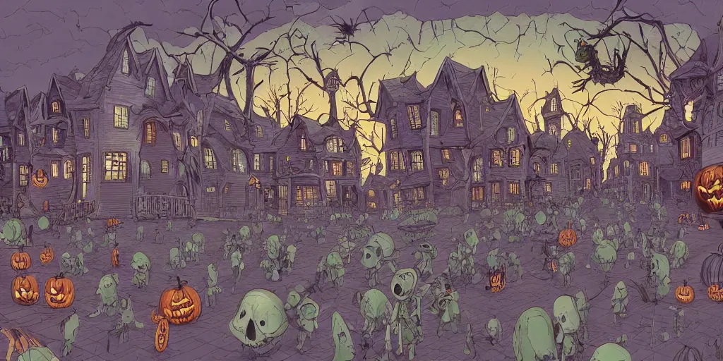 Prompt: a study of cell shaded cartoon of halloween town from tim burtons nightmare before christmas, illustration, wide shot, muted colors, concept art by josan gonzales and wlop, by james jean, victo ngai, david rubin, mike mignola, laurie greasley, highly detailed, sharp focus, trending on artstation, hq, deviantart, art by artgem